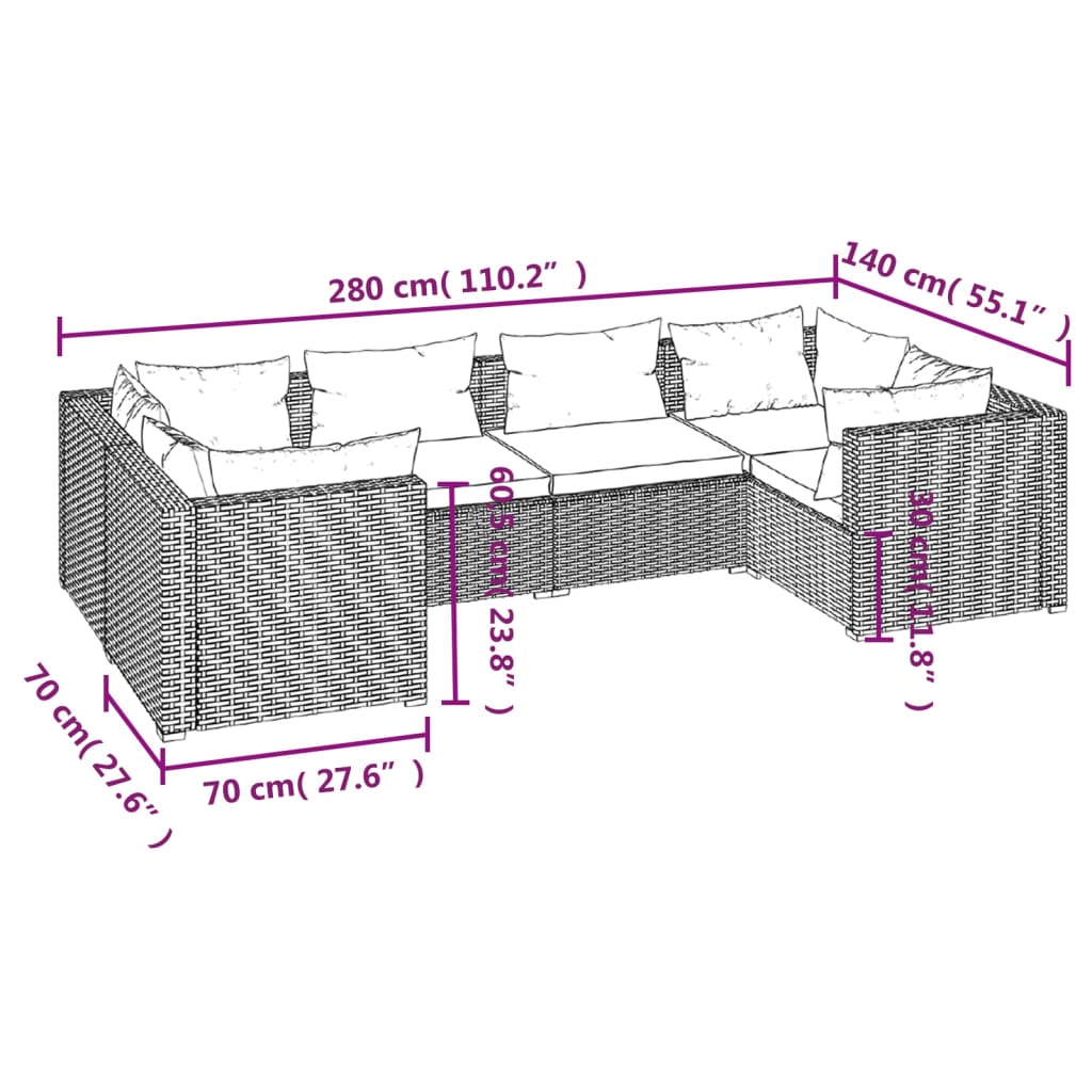 vidaXL 6 Piece Garden Lounge Set with Cushions Poly Rattan Grey