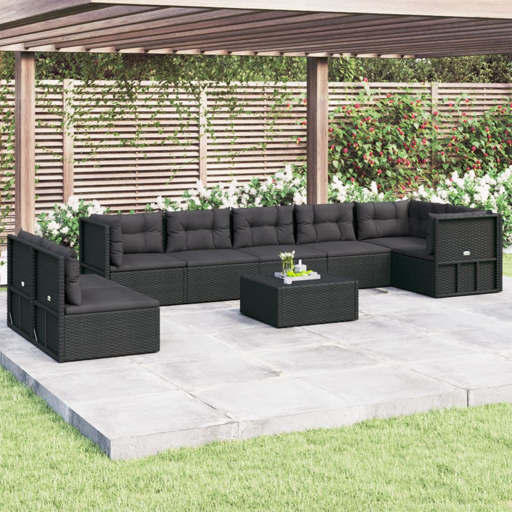 vidaXL 8 Piece Garden Lounge Set with Cushions Black Poly Rattan