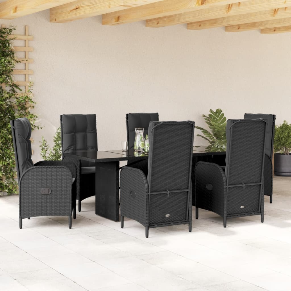 vidaXL 7 Piece Garden Dining Set with Cushions Black Poly Rattan