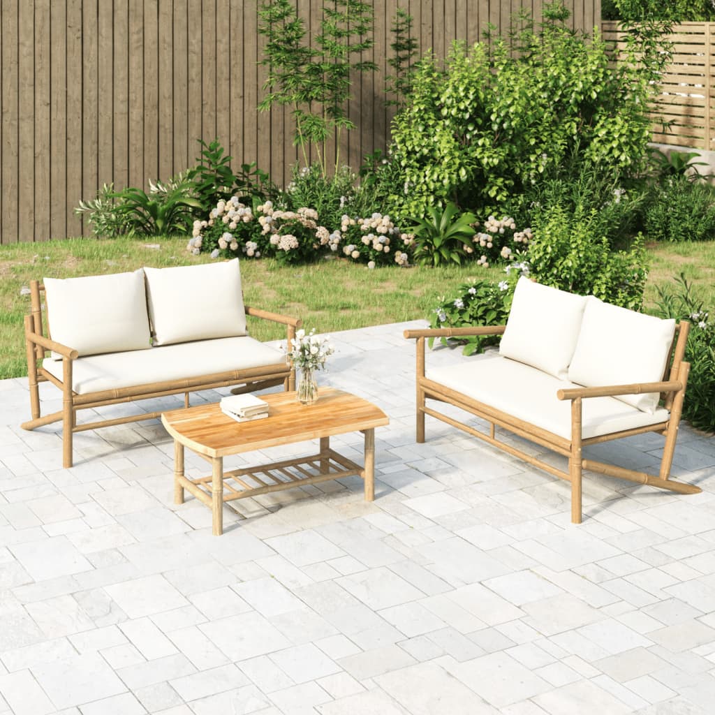 vidaXL 2 Piece Garden Lounge Set with Cream White Cushions Bamboo