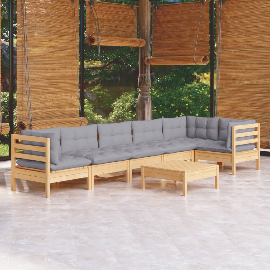 vidaXL 7 Piece Garden Lounge Set with Grey Cushions Pinewood