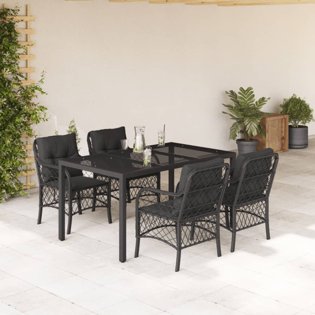 vidaXL 5 Piece Garden Dining Set with Cushions Black Poly Rattan