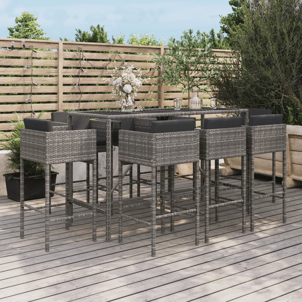 vidaXL 9 Piece Garden Bar Set with Cushions Grey Poly Rattan