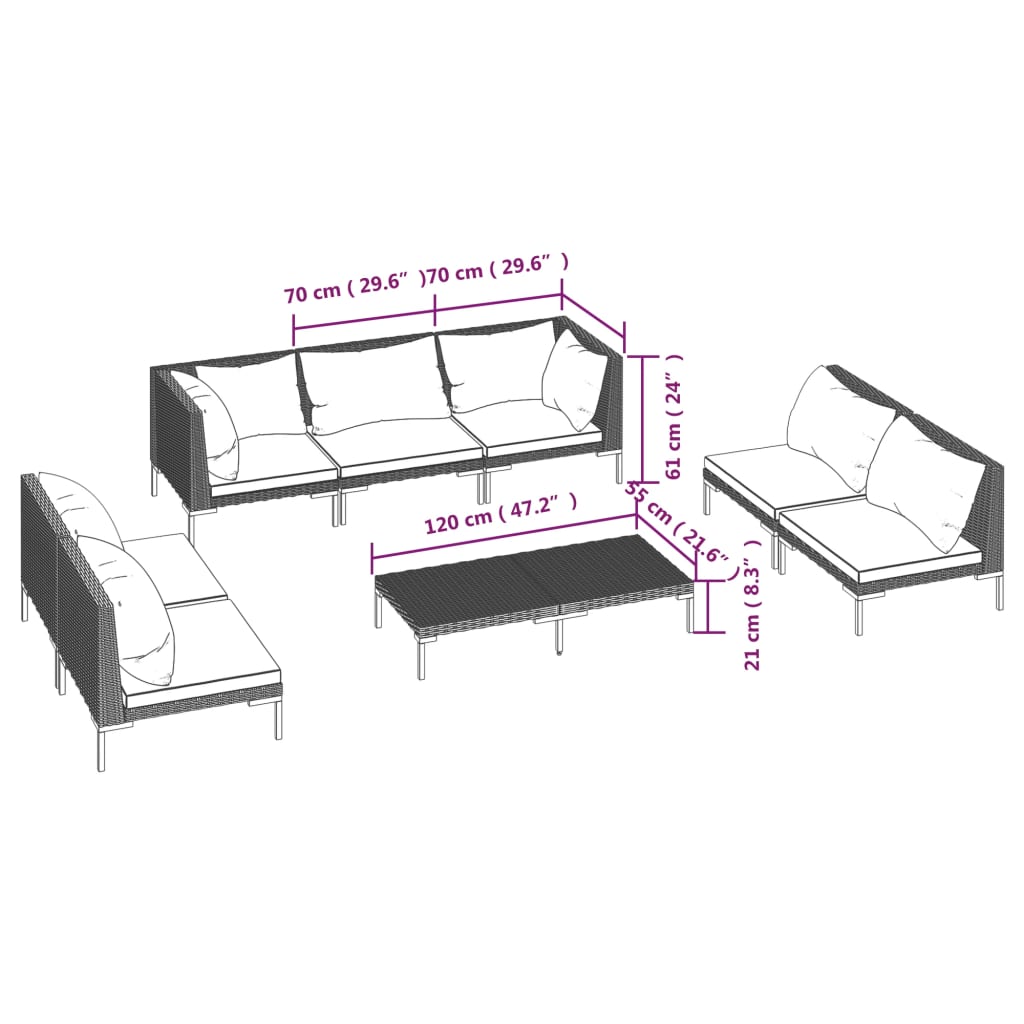 vidaXL 8 Piece Garden Lounge Set with Cushions Poly Rattan Dark Grey