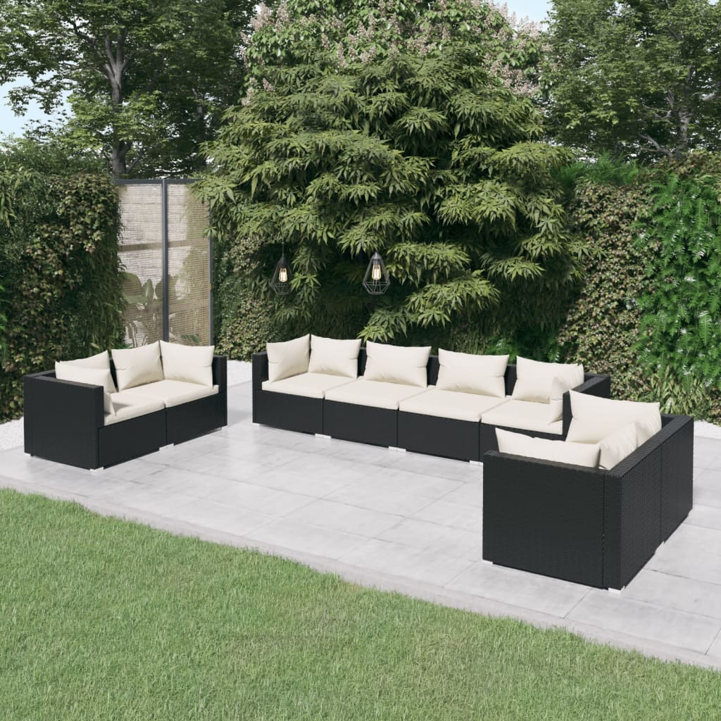 vidaXL 8 Piece Garden Lounge Set with Cushions Poly Rattan Black