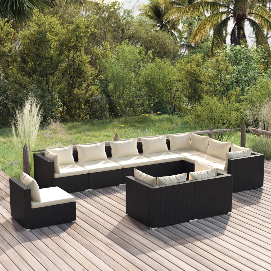 vidaXL 10 Piece Garden Lounge Set with Cushions Poly Rattan Black