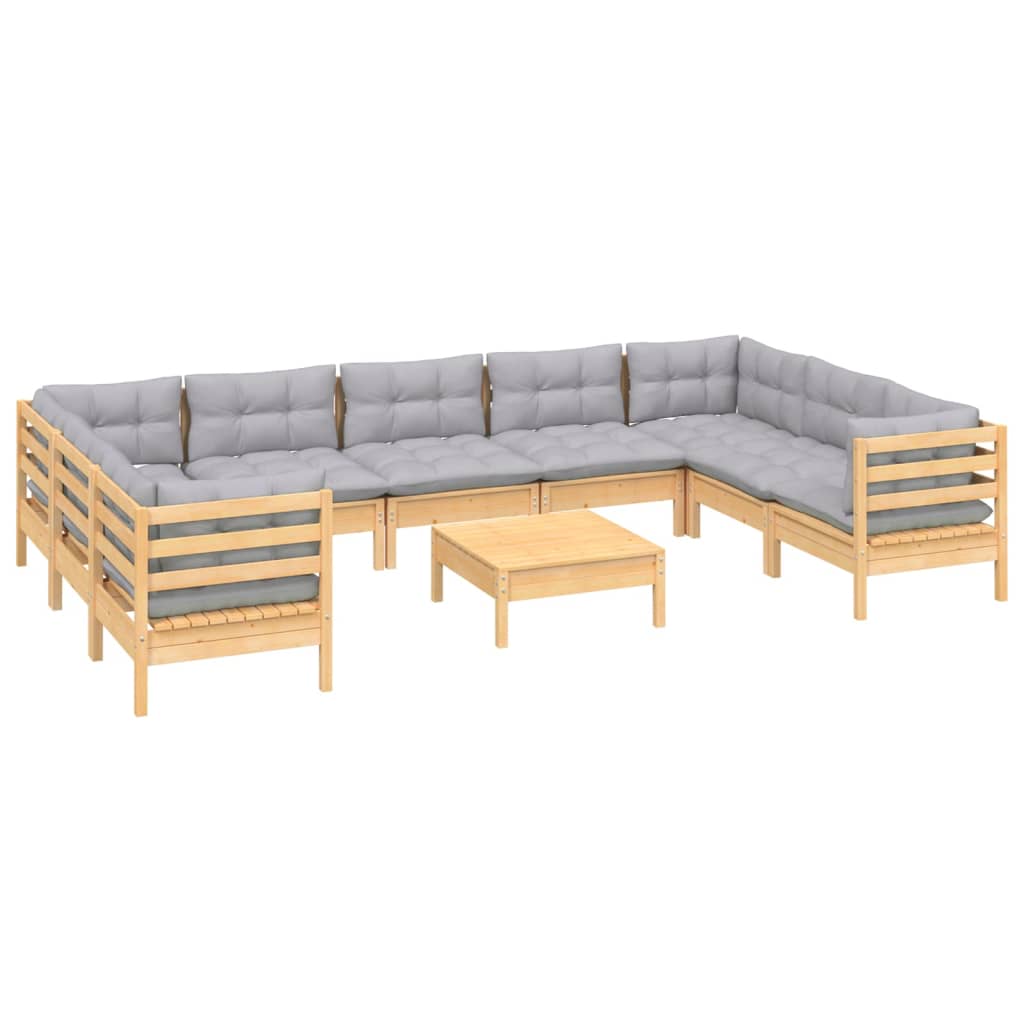 vidaXL 10 Piece Garden Lounge Set with Grey Cushions Pinewood