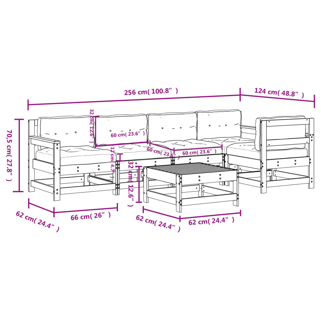 vidaXL 6 Piece Garden Lounge Set with Cushions Black Solid Wood