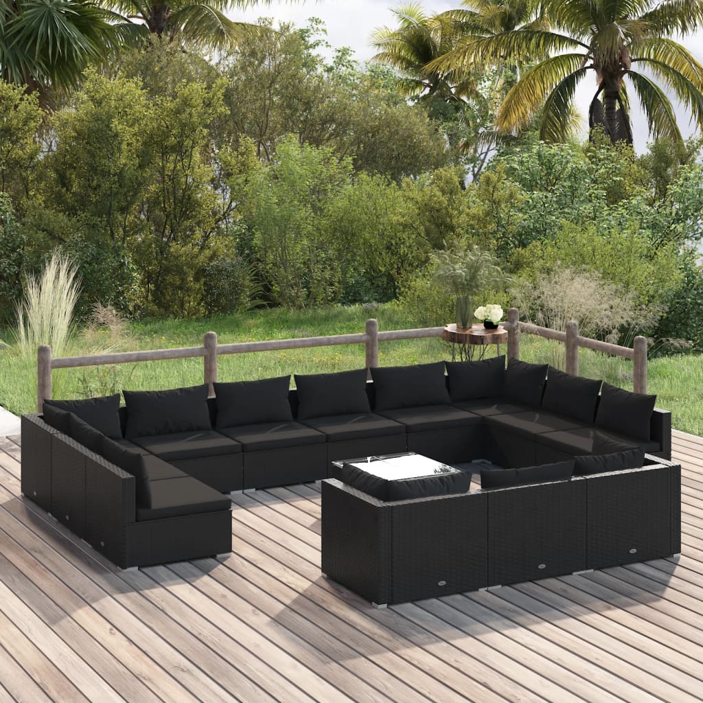 vidaXL 14 Piece Garden Lounge Set with Cushions Black Poly Rattan