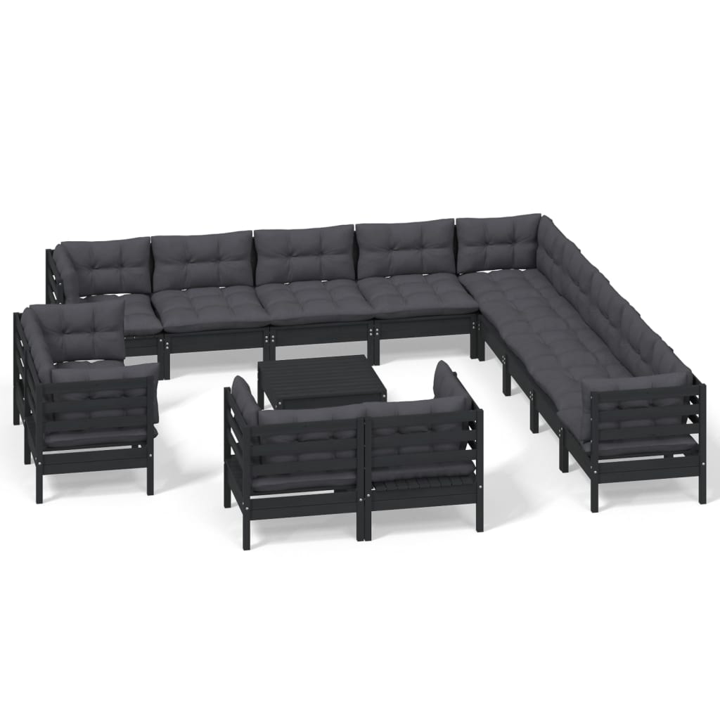 vidaXL 14 Piece Garden Lounge Set with Cushions Black Solid Pinewood