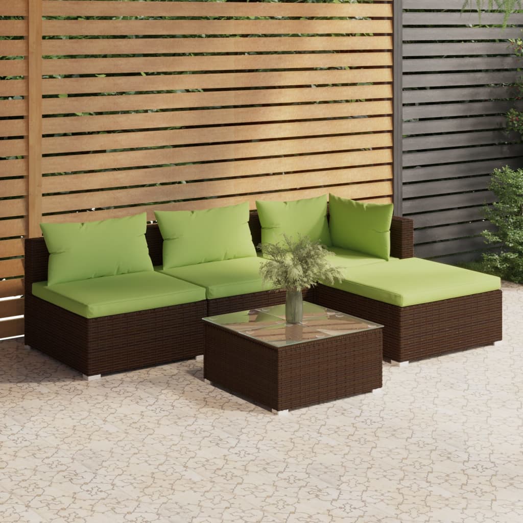 vidaXL 5 Piece Garden Lounge Set with Cushions Poly Rattan Brown