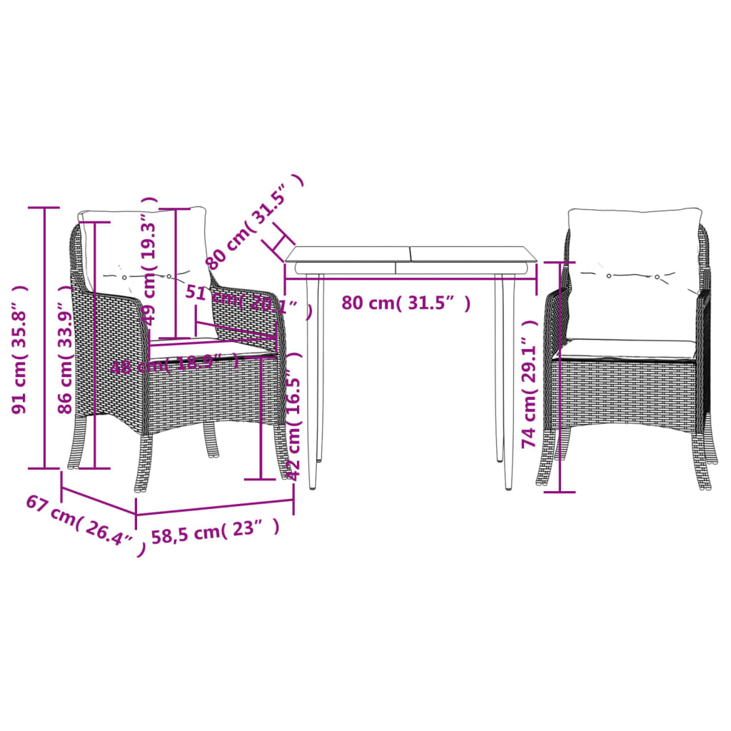 vidaXL 3 Piece Garden Dining Set with Cushions Grey Poly Rattan