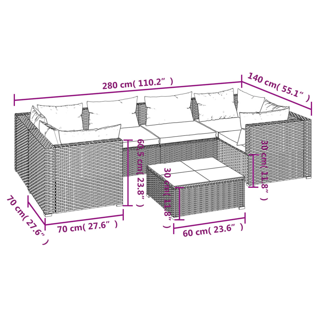 vidaXL 7 Piece Garden Lounge Set with Cushions Poly Rattan Grey