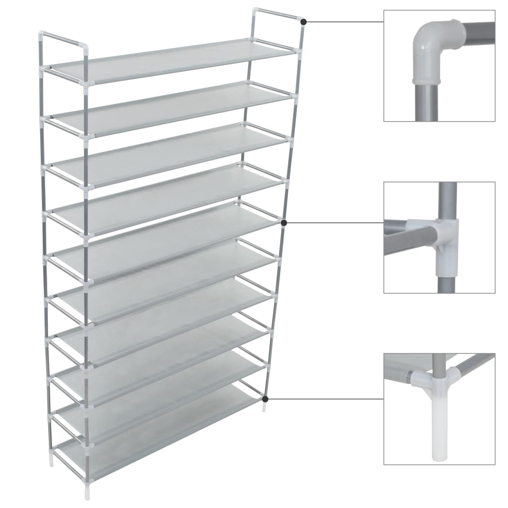 vidaXL Shoe Rack with 10 Shelves Metal and Non-woven Fabric Silver