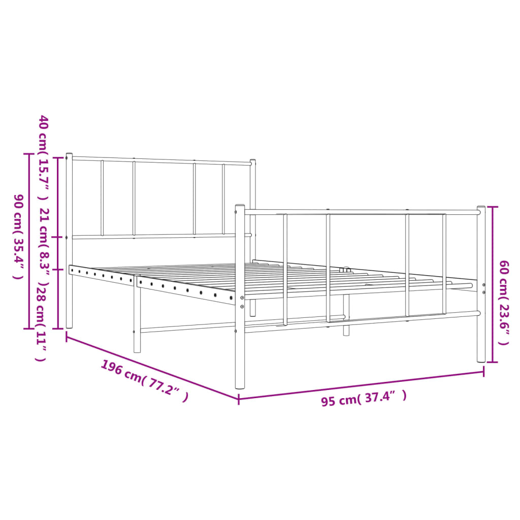 vidaXL Metal Bed Frame without Mattress with Footboard Black 90x190 cm Single