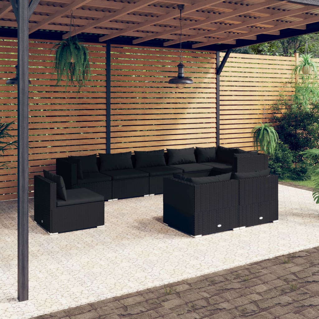 vidaXL 9 Piece Garden Lounge Set with Cushions Poly Rattan Black