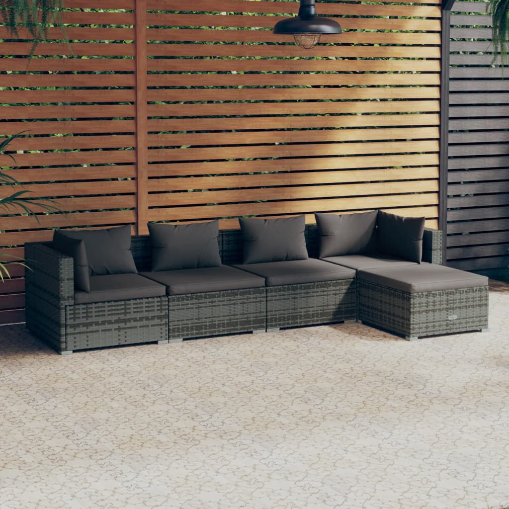 vidaXL 5 Piece Garden Lounge Set with Cushions Poly Rattan Grey