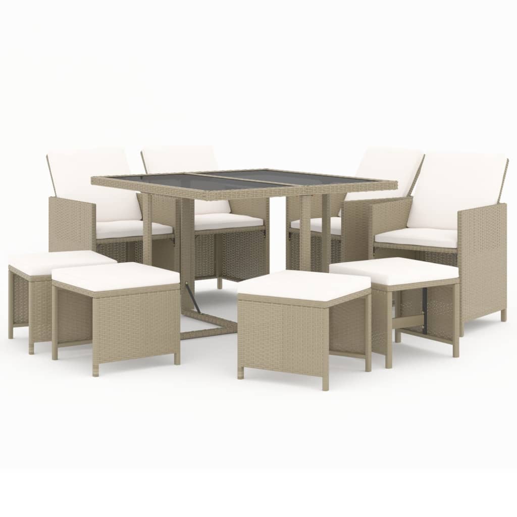 vidaXL 9 Piece Garden Dining Set with Cushions Poly Rattan Beige