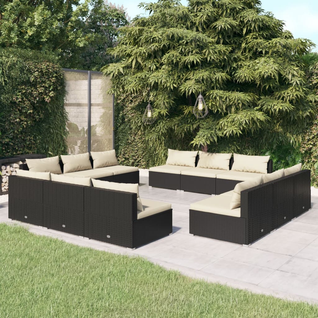 vidaXL 12 Piece Garden Lounge Set with Cushions Poly Rattan Black