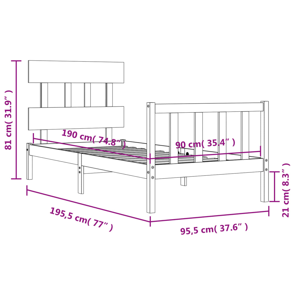 vidaXL Bed Frame without Mattress Black Single Solid Wood Pine