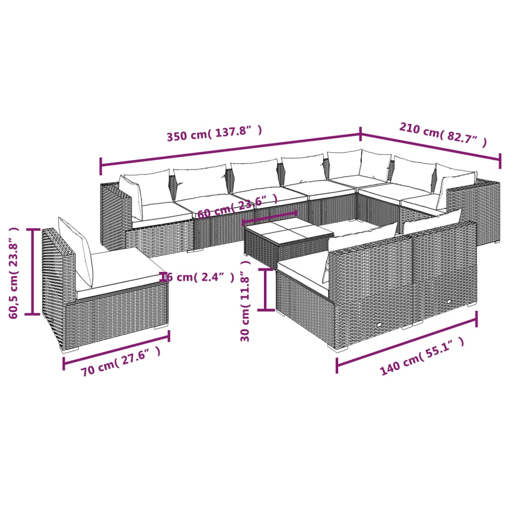 vidaXL 11 Piece Garden Lounge Set with Cushions Poly Rattan Brown