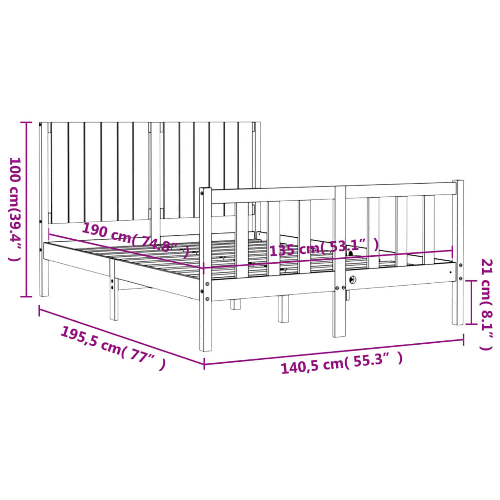 vidaXL Bed Frame with Headboard White Double Solid Wood