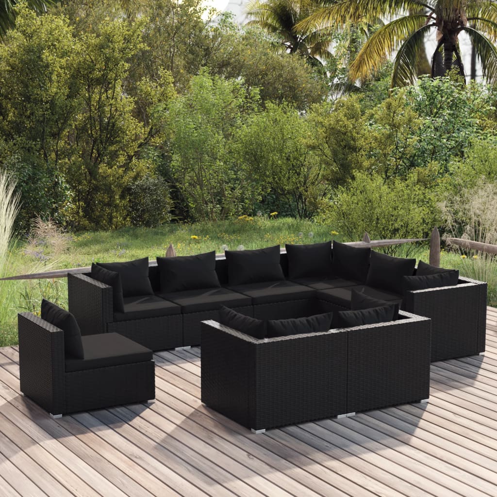 vidaXL 9 Piece Garden Lounge Set with Cushions Poly Rattan Black