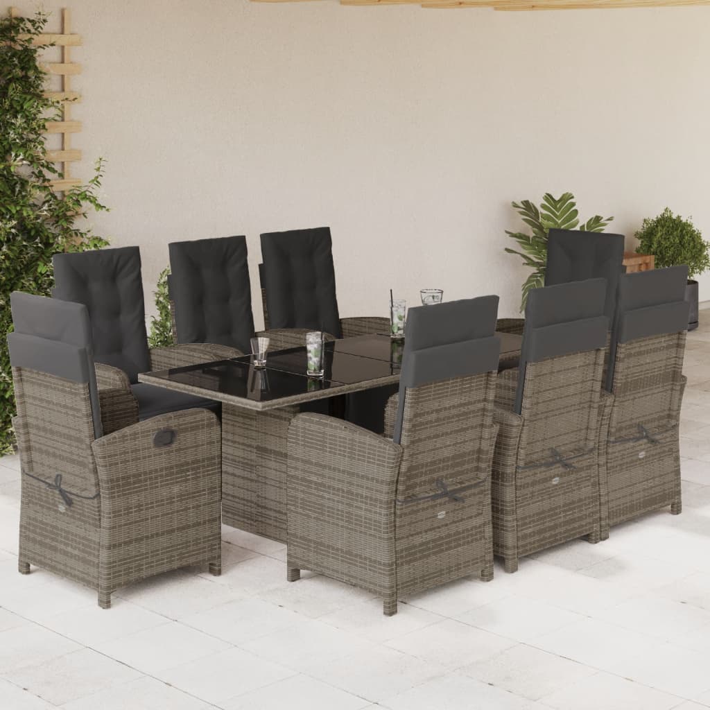 vidaXL 9 Piece Garden Dining Set with Cushions Grey Poly Rattan