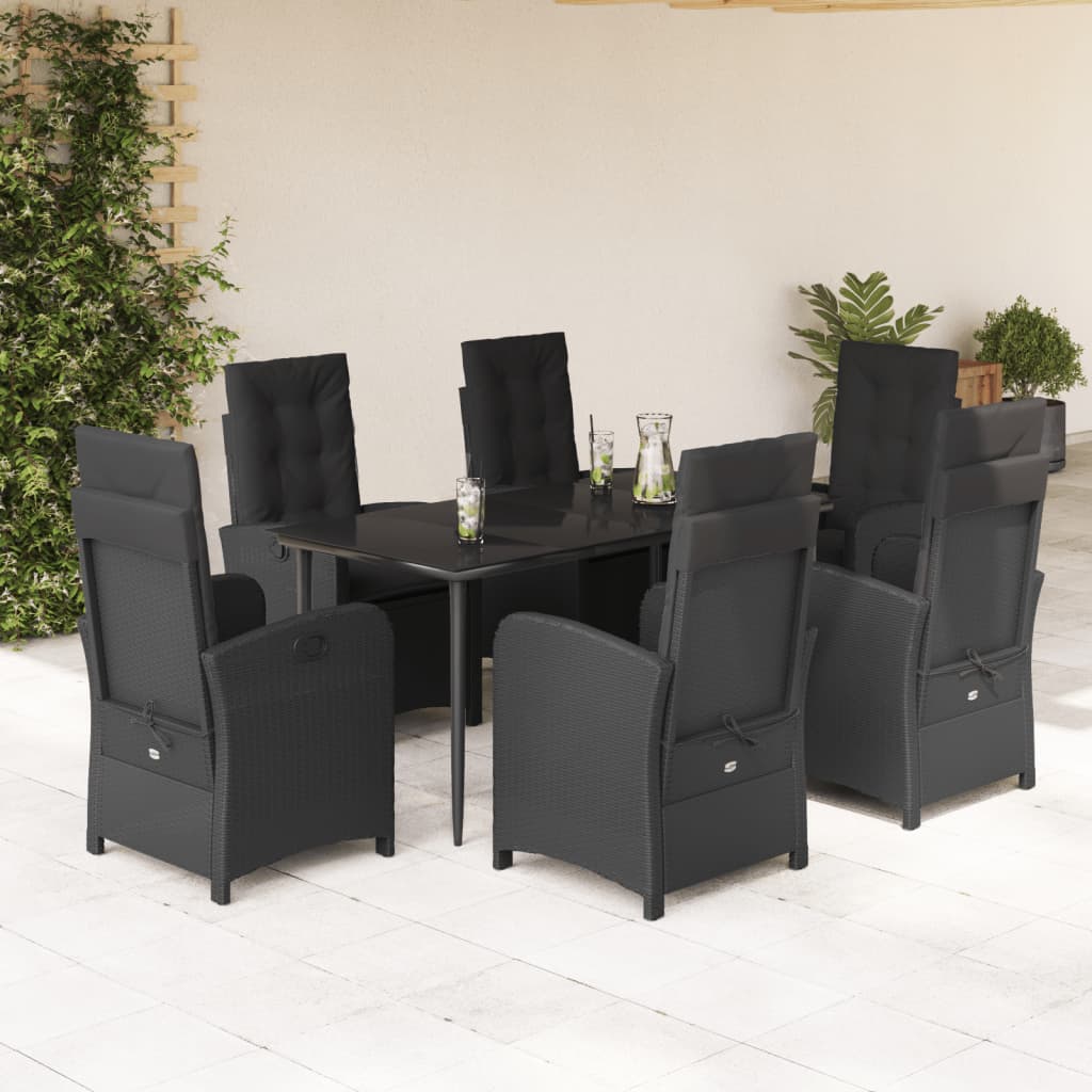 vidaXL 7 Piece Garden Dining Set with Cushions Black Poly Rattan