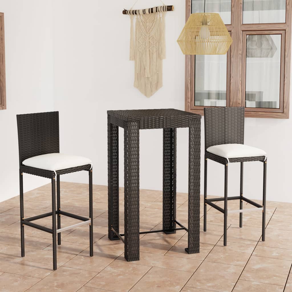 vidaXL 3 Piece Outdoor Bar Set with Cushions Poly Rattan Black