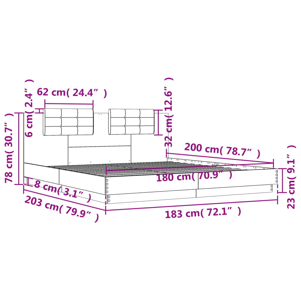 vidaXL Bed Frame with LED without Mattress Sonoma Oak 180x200 cm Super King