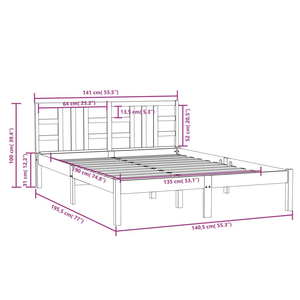 vidaXL Bed Frame without Mattress White 135x190 cm Double Solid Wood