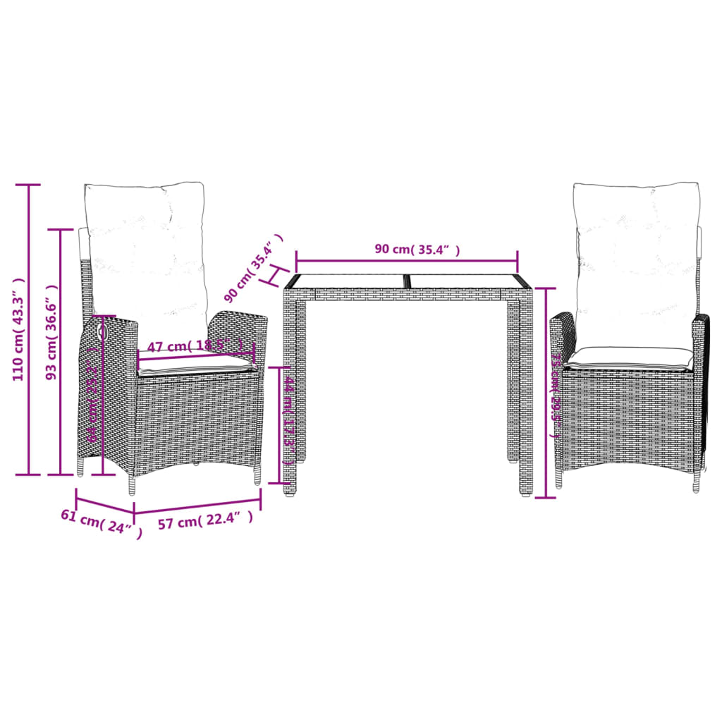 vidaXL 3 Piece Garden Dining Set with Cushions Grey Poly Rattan