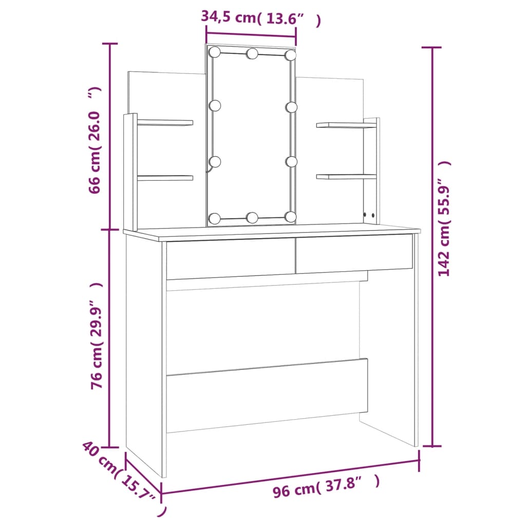 vidaXL Dressing Table with LED Sonoma Oak 96x40x142 cm