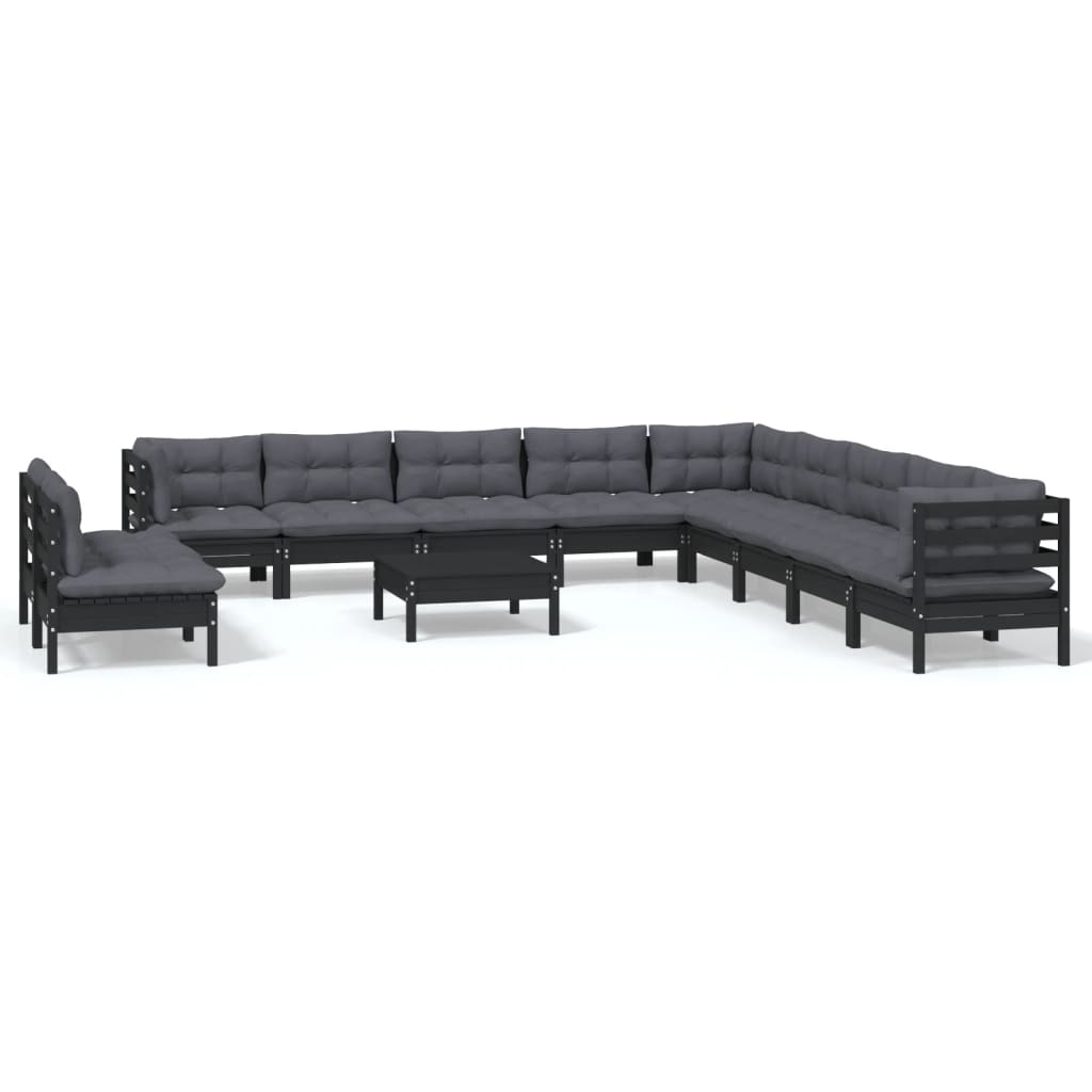 vidaXL 12 Piece Garden Lounge Set with Cushions Black Solid Pinewood