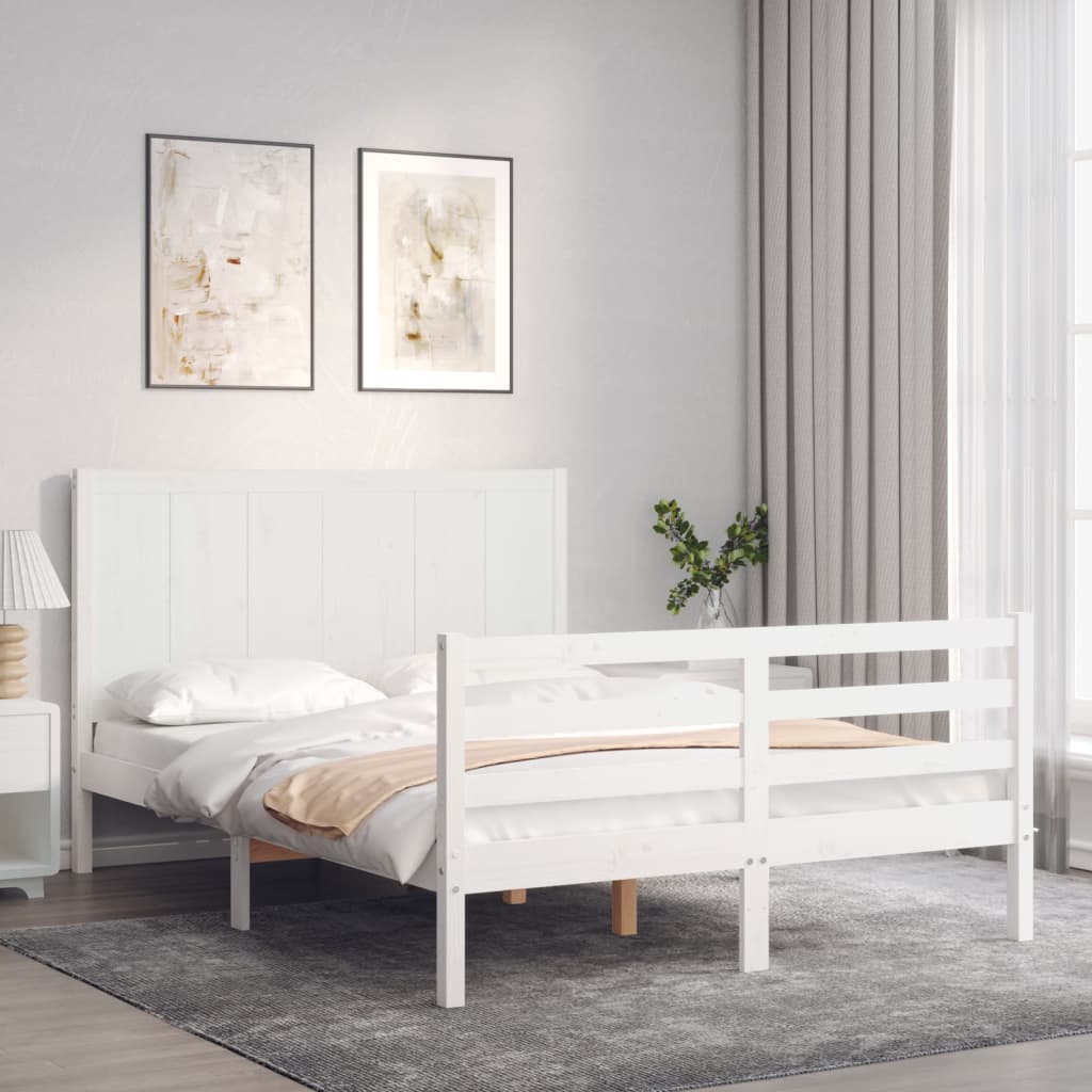 vidaXL Bed Frame with Headboard White Double Solid Wood