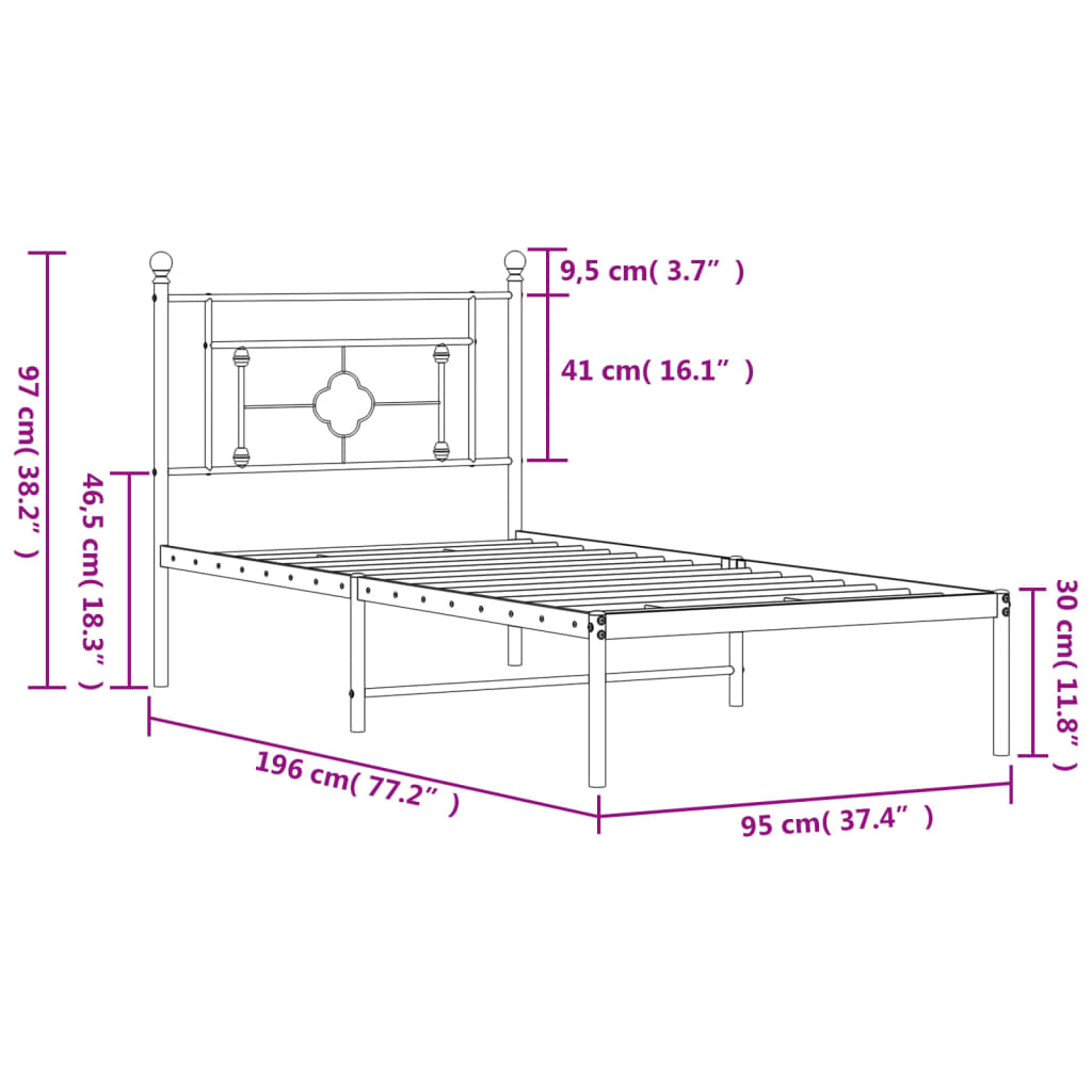 vidaXL Metal Bed Frame without Mattress with Headboard Black 90x190 cm Single