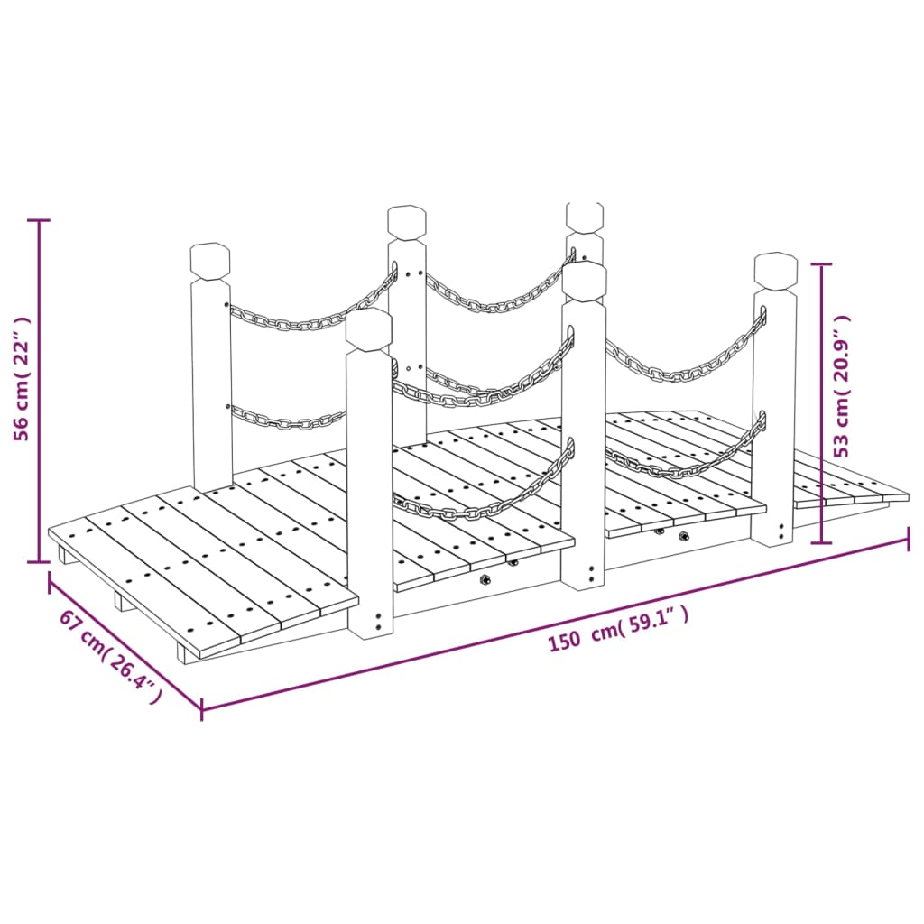 vidaXL Garden Bridge with Chain Railings 150x67x56cm Solid Wood Spruce