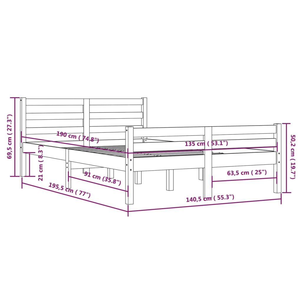 vidaXL Bed Frame without Mattress Solid Wood 135x190 cm Double