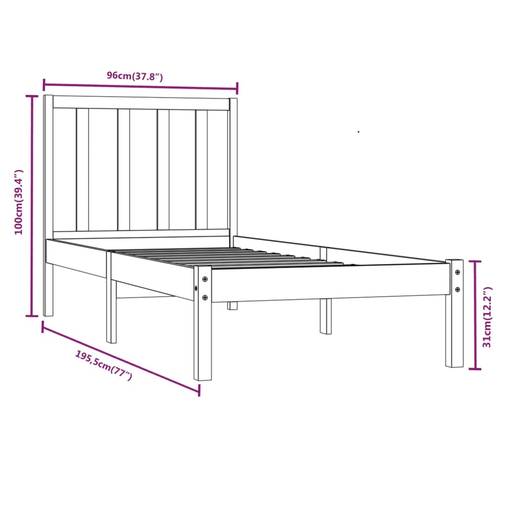 vidaXL Bed Frame without Mattress Black Solid Wood Pine 90x190 cm Single