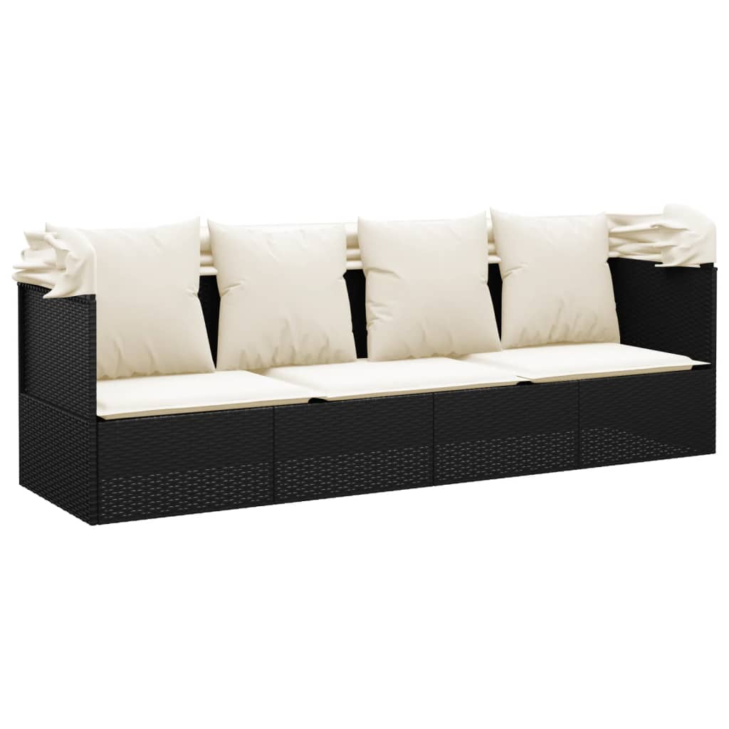 vidaXL Outdoor Lounge Bed with Roof and Cushions Black Poly Rattan