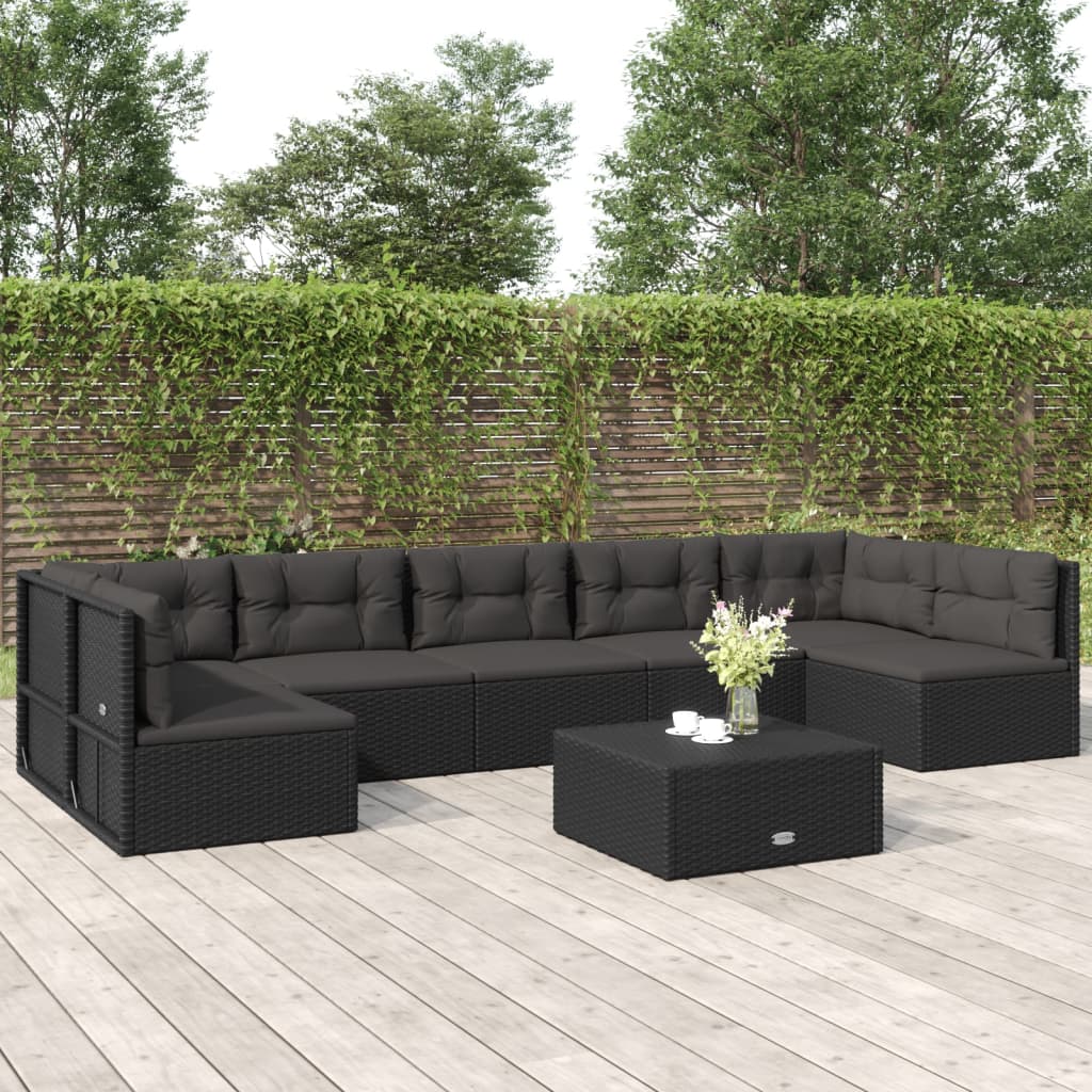 vidaXL 7 Piece Outdoor Sofa Set with Cushions Black Poly Rattan