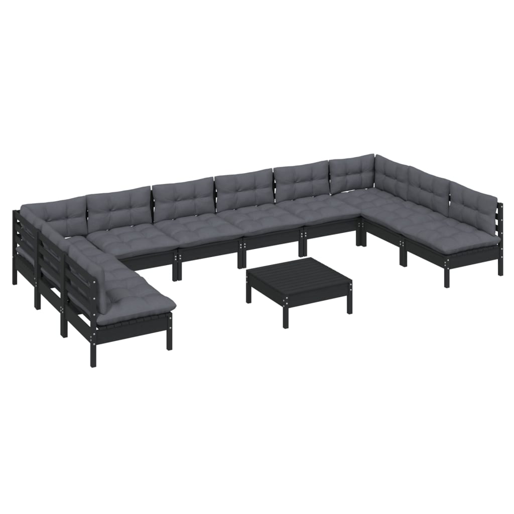 vidaXL 11 Piece Garden Lounge Set with Cushions Black Solid Pinewood