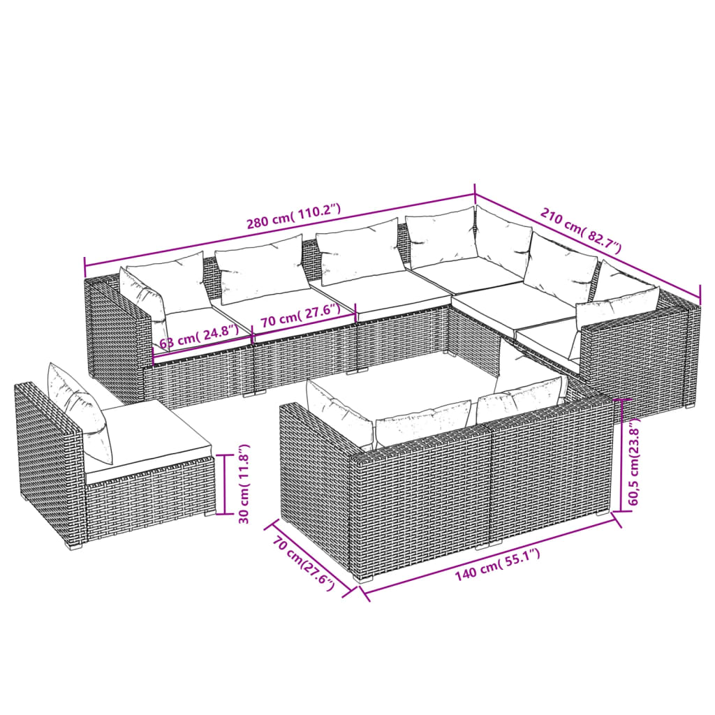 vidaXL 9 Piece Garden Lounge Set with Cushions Poly Rattan Grey