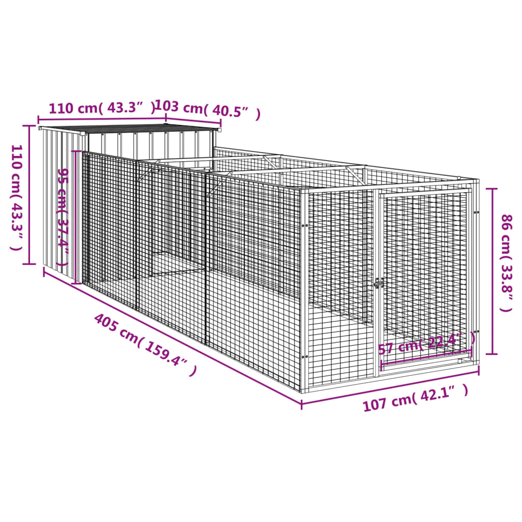 vidaXL Dog House with Run Anthracite 110x405x110 cm Galvanised Steel