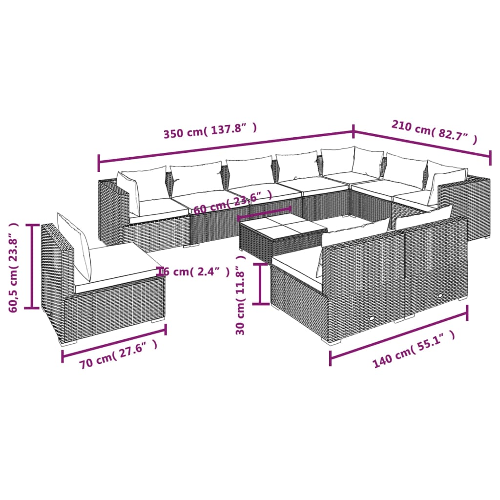 vidaXL 11 Piece Garden Lounge Set with Cushions Poly Rattan Grey