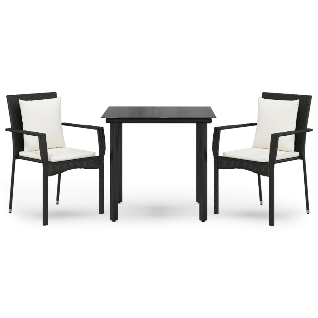 vidaXL 3 Piece Garden Dining Set with Cushions Black Poly Rattan