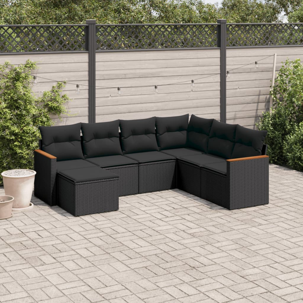 vidaXL 7 Piece Garden Sofa Set with Cushions Black Poly Rattan