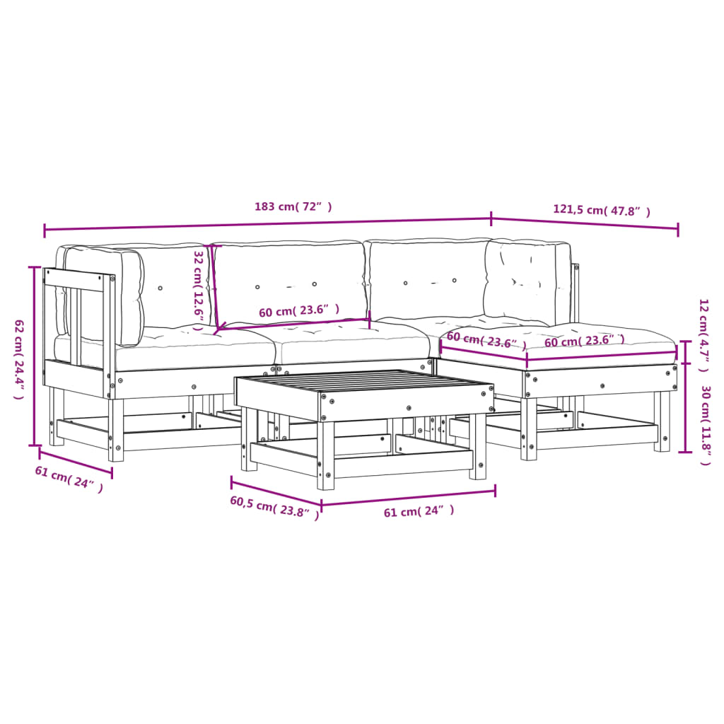 vidaXL 5 Piece Garden Lounge Set with Cushions Solid Wood