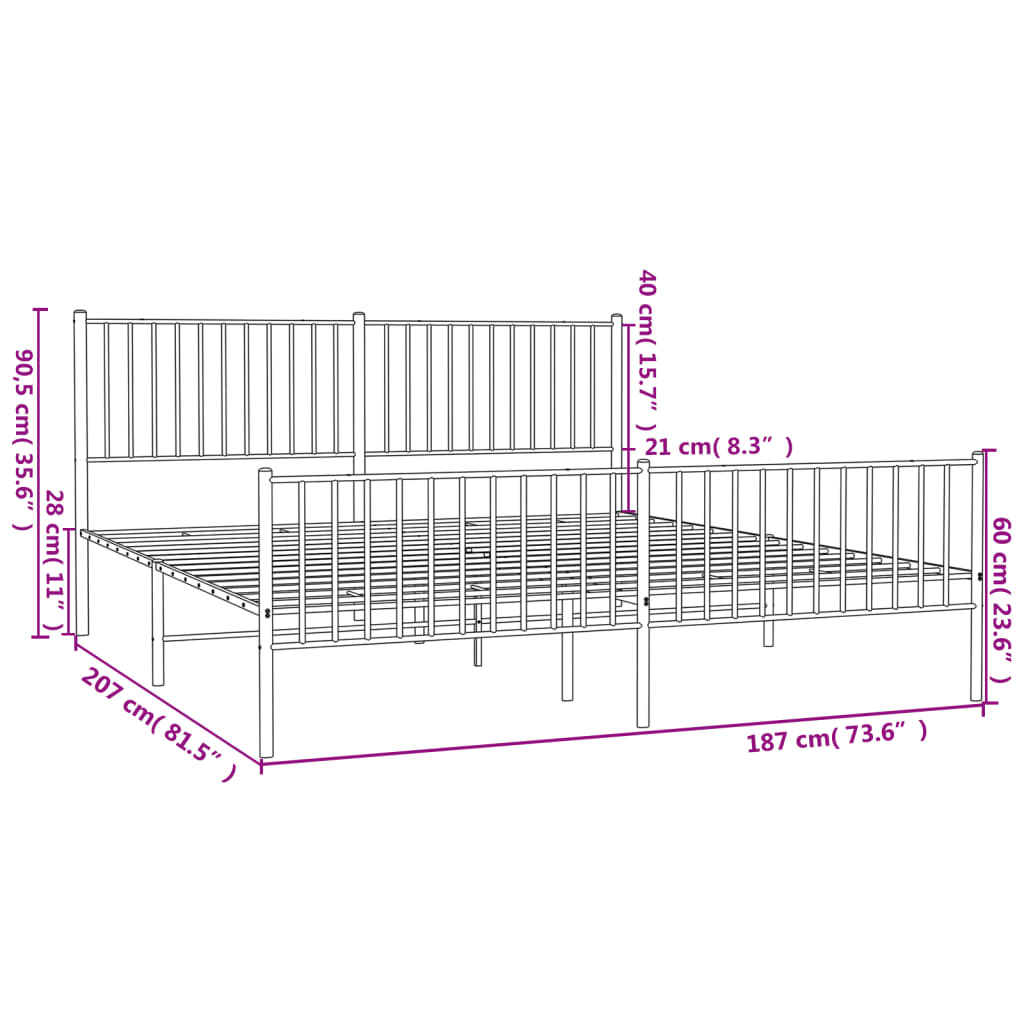 vidaXL Metal Bed Frame without Mattress with Footboard White 180x200 cm Super King